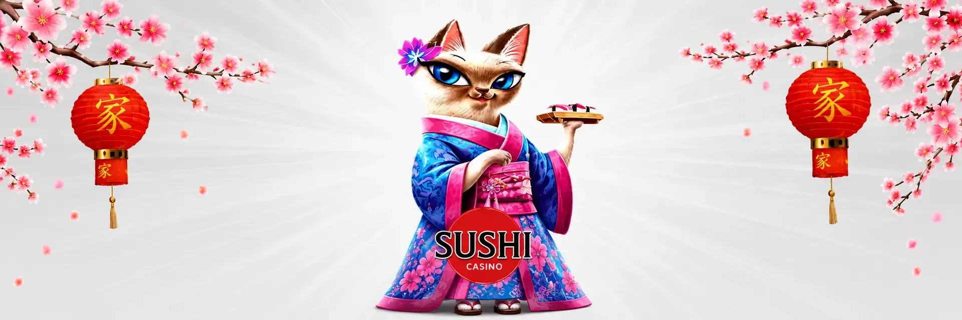 Sushi Casino Sushicasino artwork with mascot and cherry blossom branches