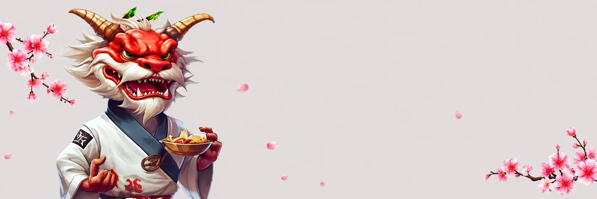 Sushi casino gr themed dragon character with ramen bowl and sakura flowers on a clean background