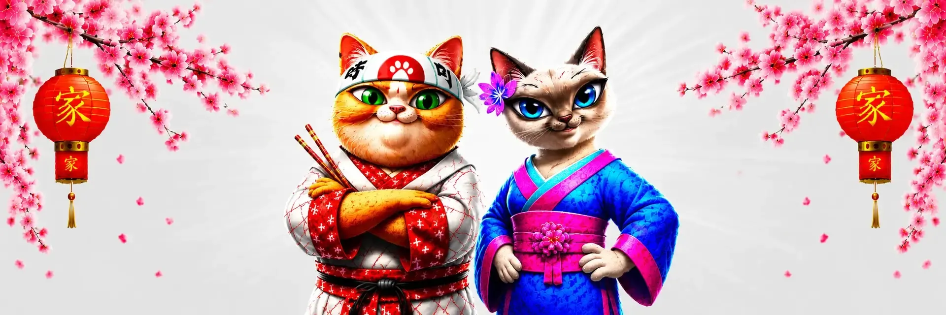 Sushicasino mascot banner with sakura blossoms and Japanese-themed design